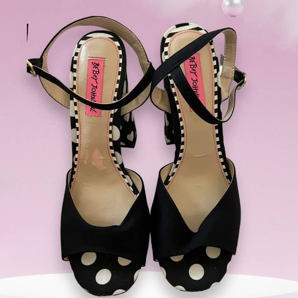 Betsey Johnson Black White Pokadot  Chunky Heels w/Ankle Strap Open Toe 8.5‌‌‍‍‍